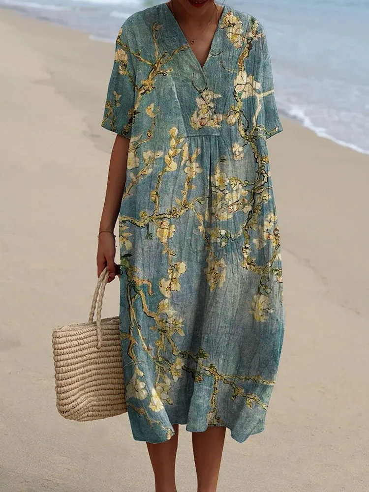Women's Vintage Floral Art Print Casual Flowy Dress