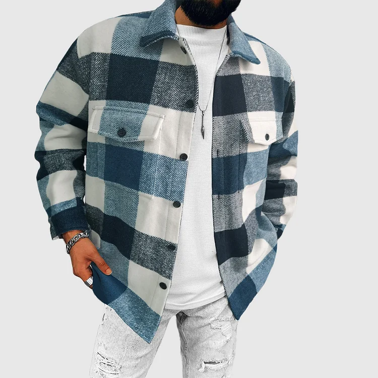 BrosWear Casual Blue And White Check Jacket
