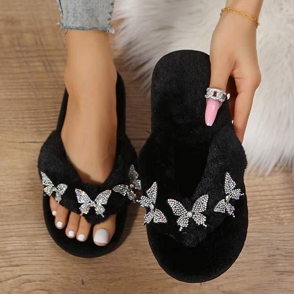 Women's Slip-On Colorful Butterfly Rhinestone Cotton Slippers