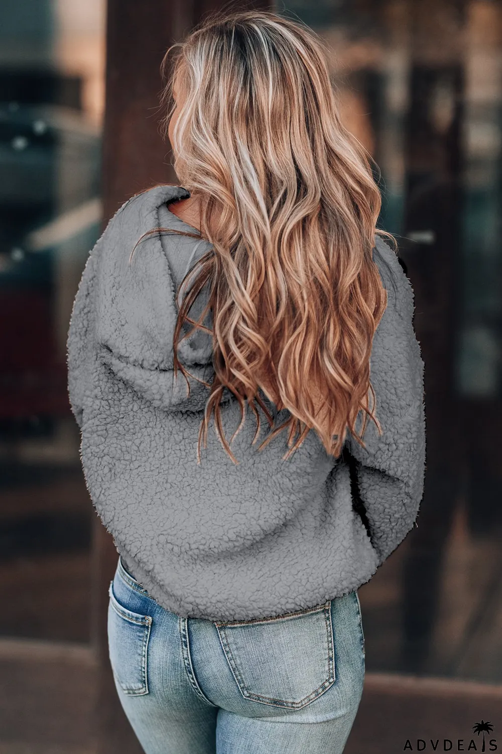 Gray 1/4 Zip Hooded Sherpa Sweatshirt with Kangaroo