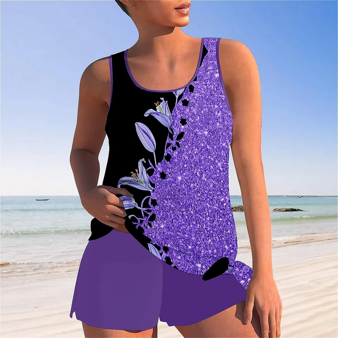 Bowknot Purple,Floral,Glitter Mid Waisted Tankini Set - Plus Size Available