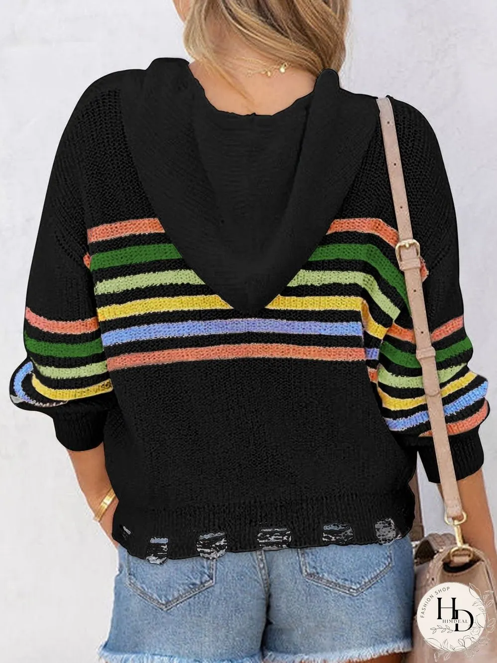 Rainbow Striped Hooded Sweater Cardigan
