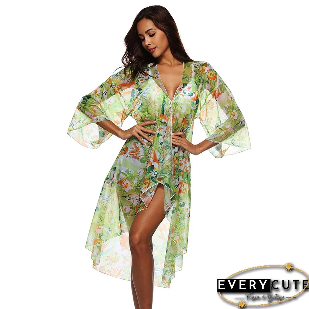 Light Green Floral Print Chiffon Beach Cover Up