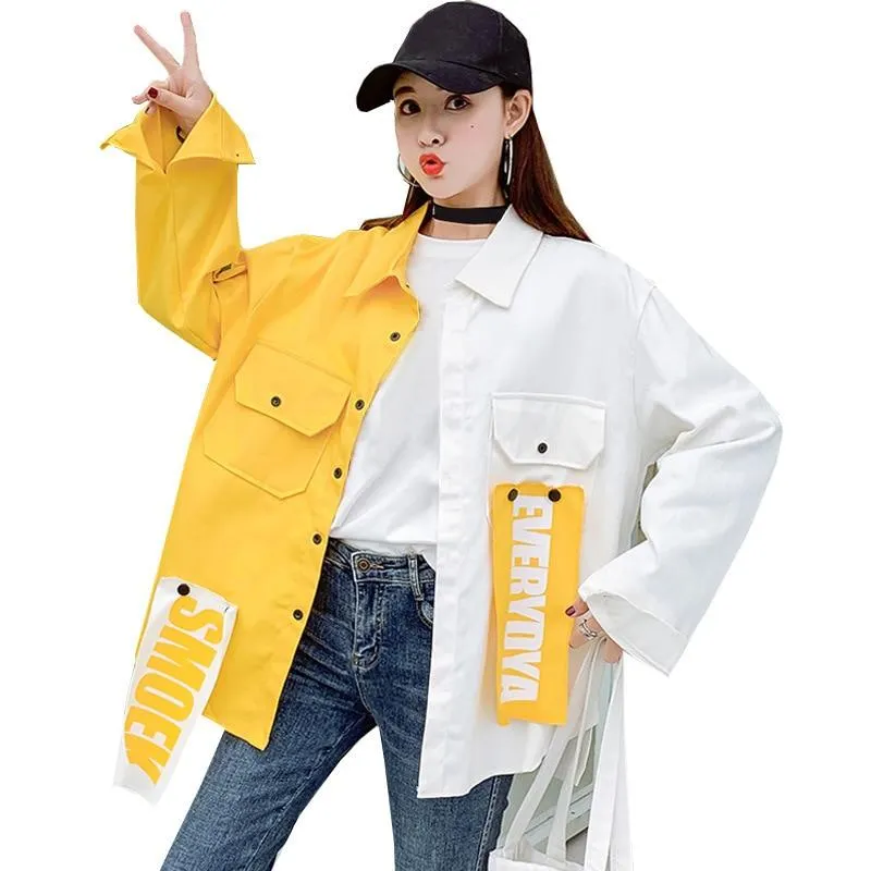 Harajuku Bomber Jacket Coats Women Loose Pocket Designer Cool Red Streetwear Hot Sale Kpop Yellow Spring shirt thin jeans jacket