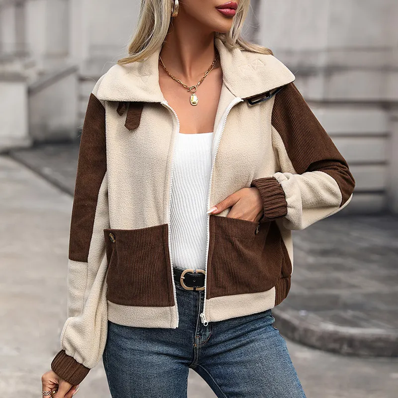 Women Color Block Fleece Zip Up Jacket