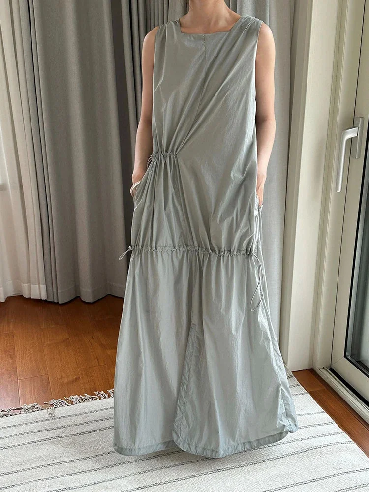 Casual Gray Square Collar Asymmetric Drawstring Slit Hem Sleeveless Dress