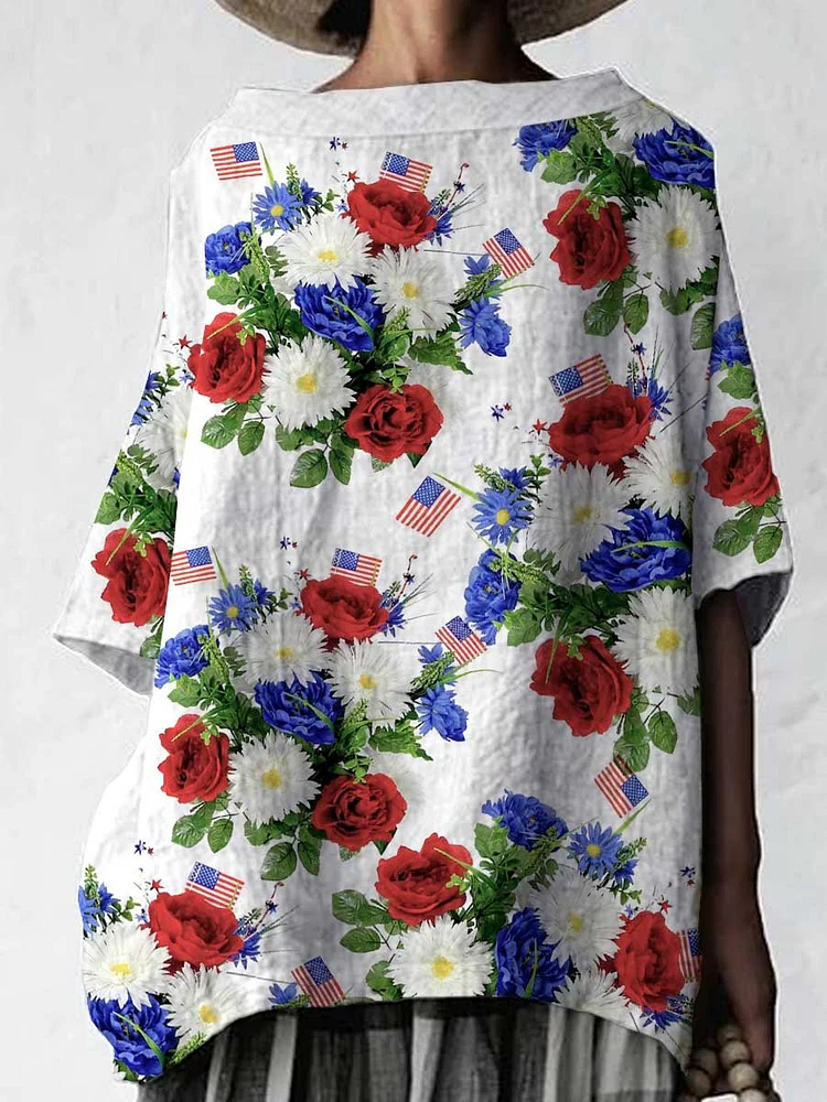 Women's Independence Day American Flag Floral Pattern Cotton and Linen Top