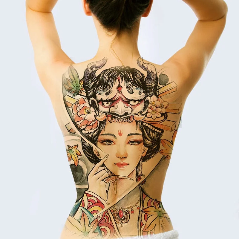 New 48*35cm Large geisha Tattoos Men Women Waterproof Big Temporary Tattoo Stickers Full Back Body art Fake Tattoo dragon skull