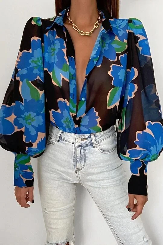 Back to school  Women Elegant Floral Print Puff Long Sleeve V Neck Blouse Spring Summer Office Button Luxury Shirt Vintage Oversized Tops Tunics
