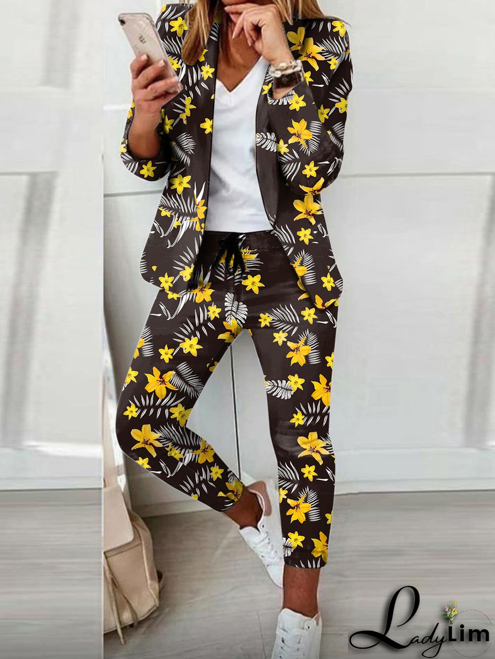 Casual Colorblock Allover Pattern Blazer & Pants 2 Pcs Set