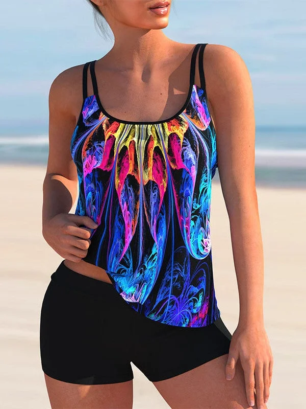 Plus Size Swimwear Sleeveless Floral Printed  Bright Tankini