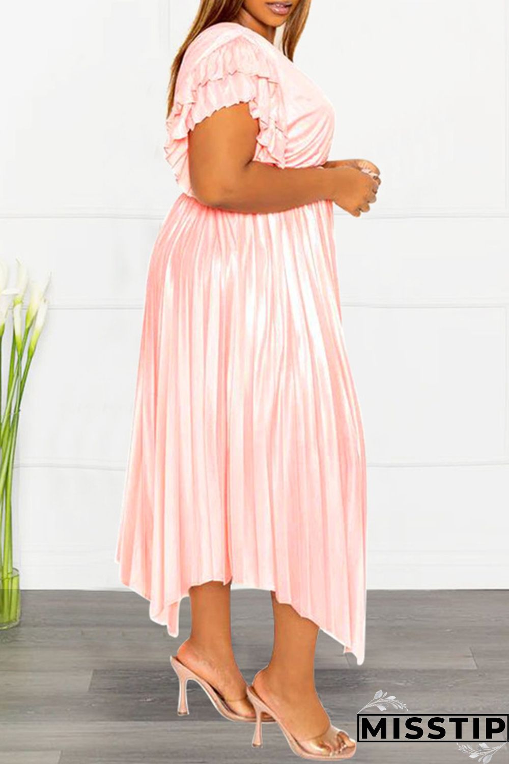 Pink Casual Solid Patchwork V Neck Pleated Plus Size Dresses