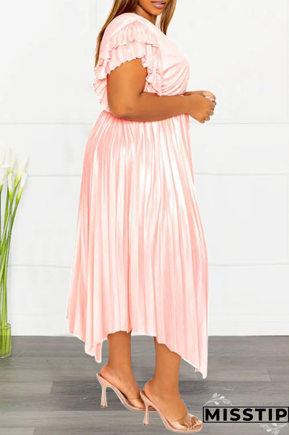 Pink Casual Solid Patchwork V Neck Pleated Plus Size Dresses