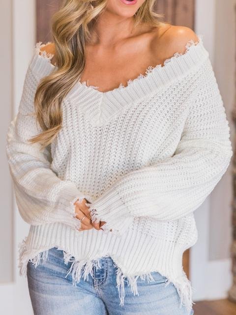 Solid Color V-neck Knitted Short Sweater-elleschic