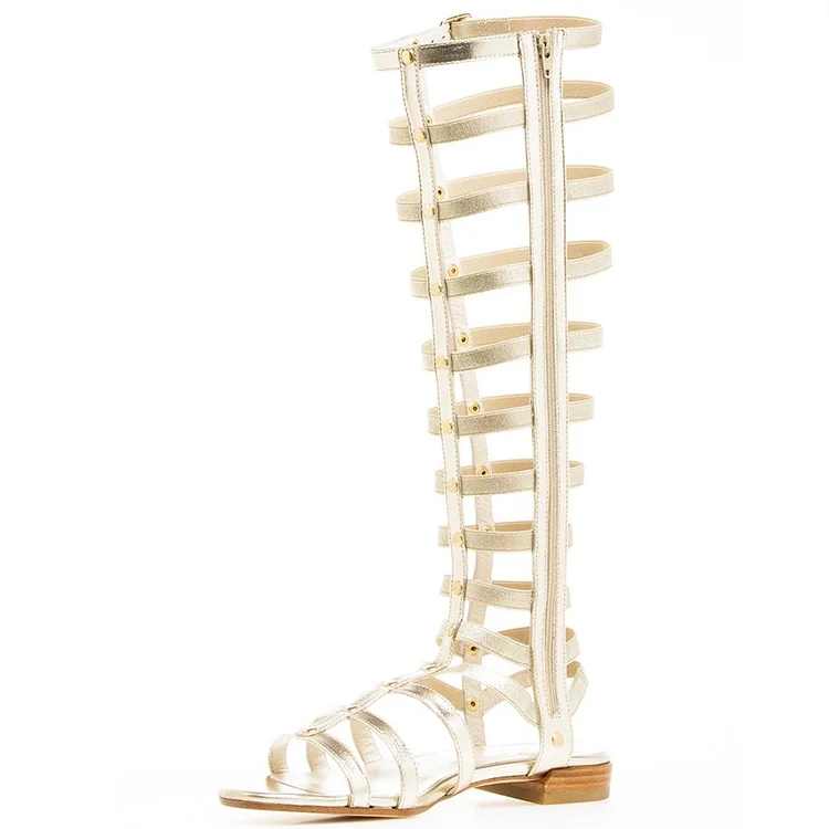 Silver Gladiator Sandals Knee-High Comfortable Flats for Women |FSJ Shoes