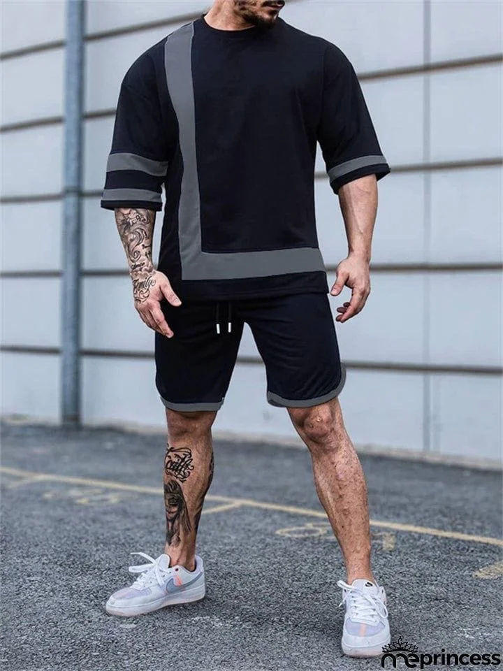 Men's Round Neck Loose Contrast Color Short Sleeve Sets