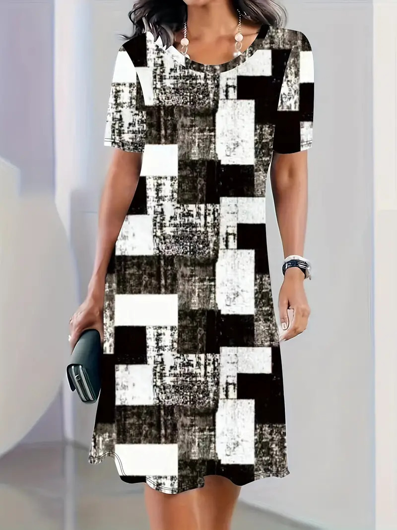 Mature Women Summer Elegant Digital 3D Printing Round Neck Plus Size A-Line Dress