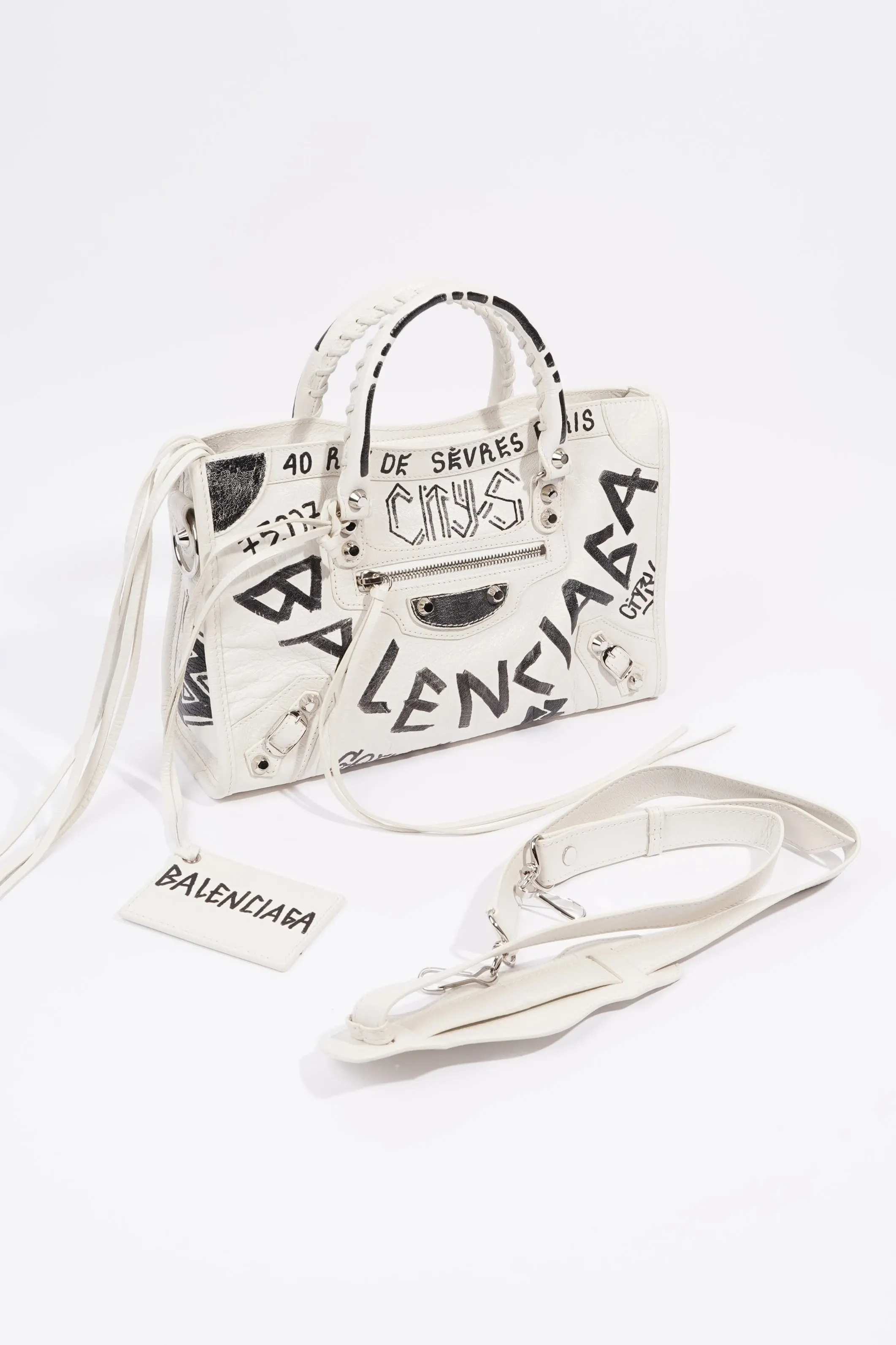 BALETKTNCIAGA City Bag Arena White / Black Graffiti Leather Small