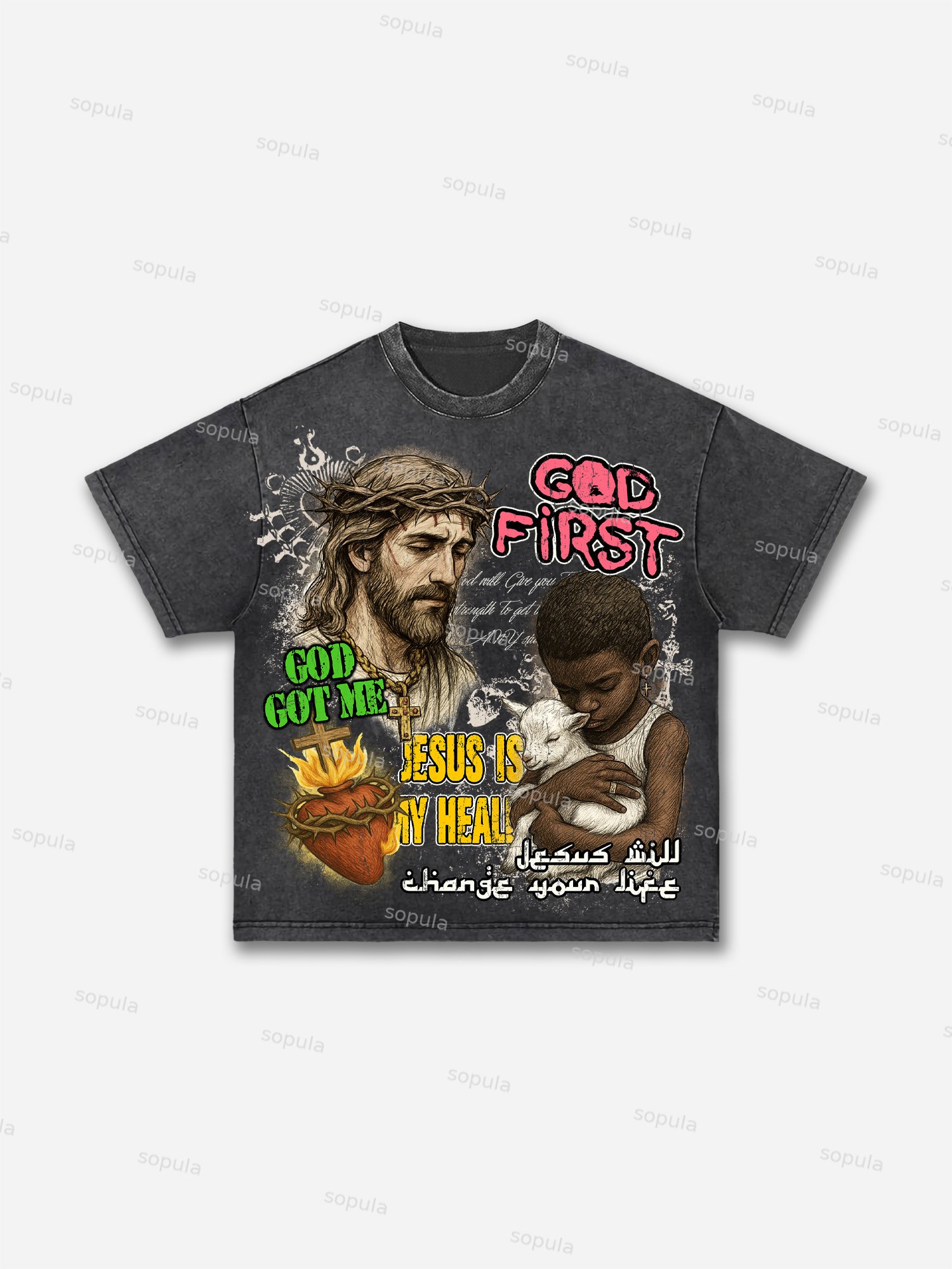 Jesus Is My Healr Vintage Black Boy Graphic Acid Wash T-shirt - Sopula｜Premium Graphic Tees & Graphic Clothing
