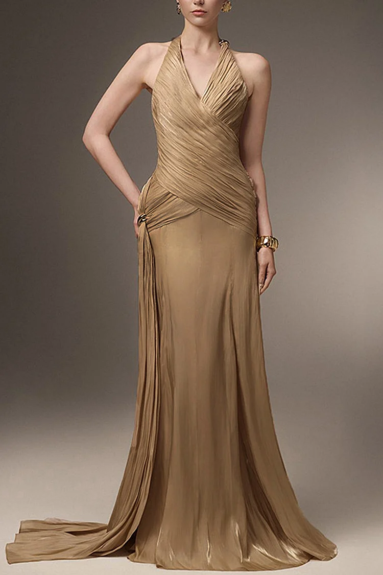 Halter Neck Ruched Maxi Dress-Champagne