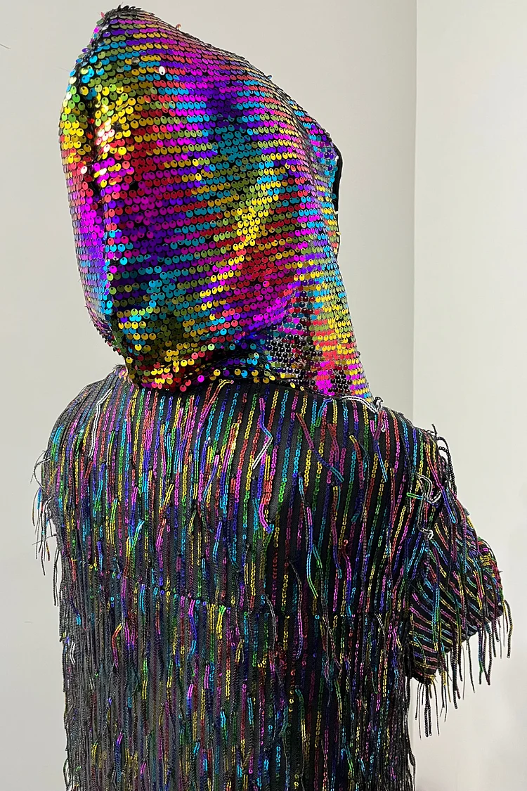 Ciciful Rainbow Sequins Fringe Long Sleeve Hood Unisex Festival Kimono Robe