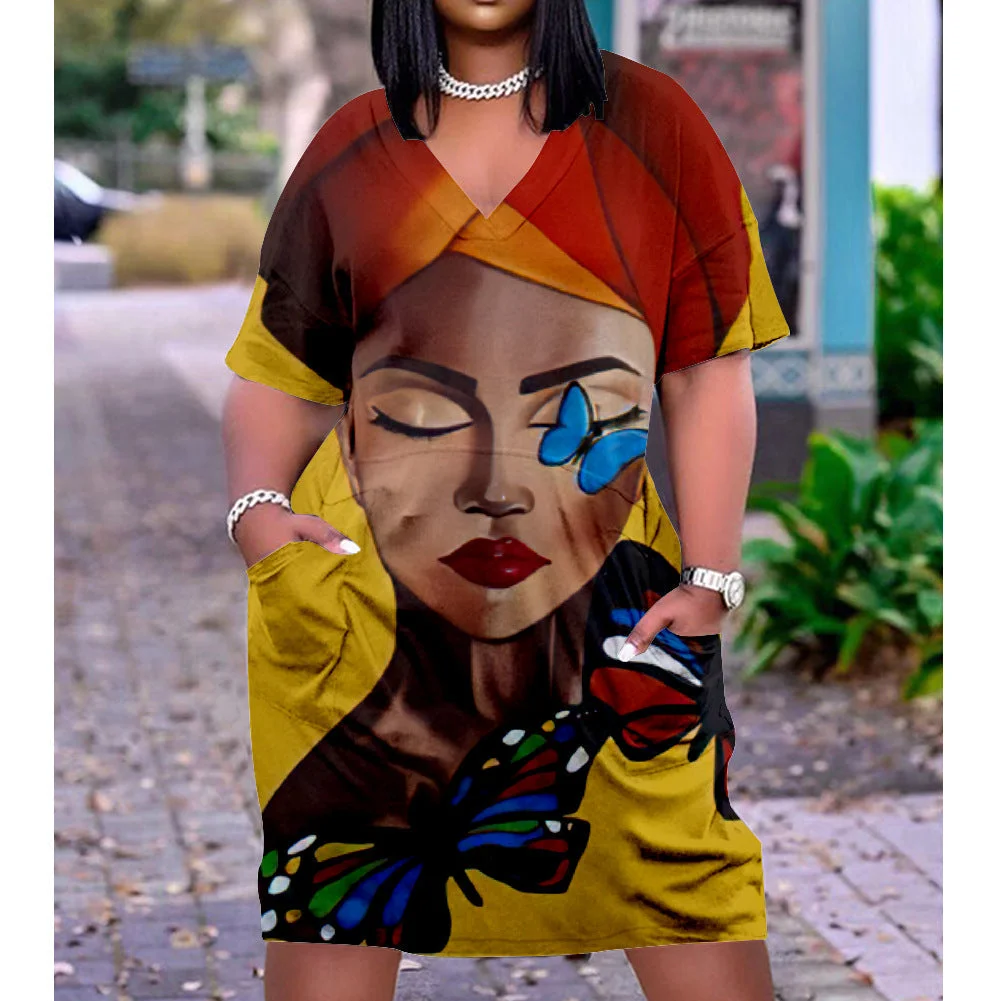 3D printed loose plus size v-neck mid-sleeve dress