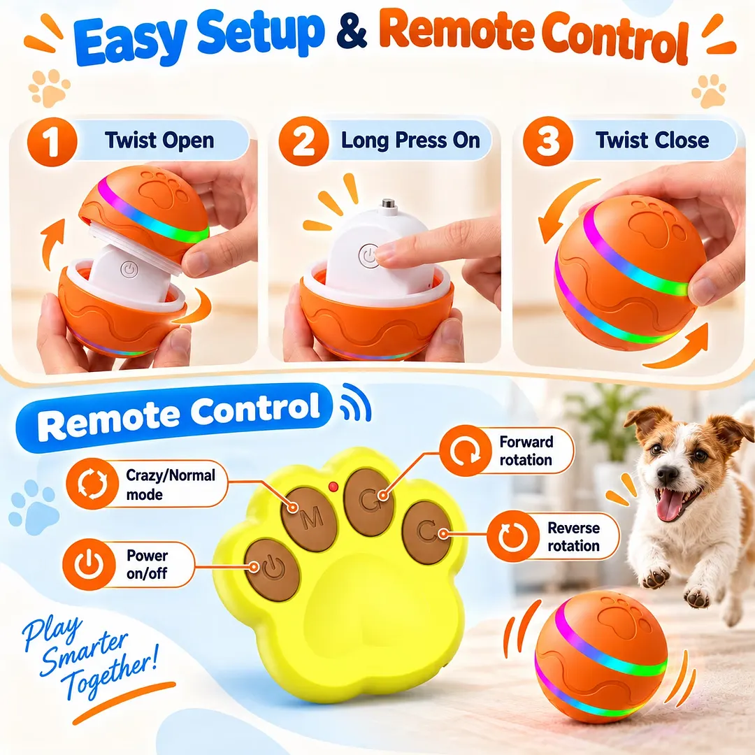 BEBANG Interactive Dog Ball Toy, Motion Activated Self Moving Ball with Remote Control, 2 Play Modes, Colorful LED Lights, Rechargeable Automatic Rolling & Bouncing Dog Toy for Indoor Outdoor Play