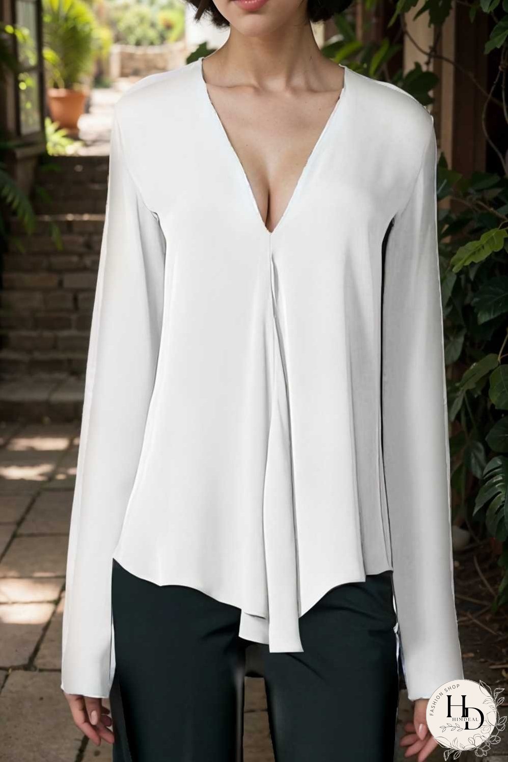 v neck long sleeved chiffon solid blouse drop shoulder closed shirt