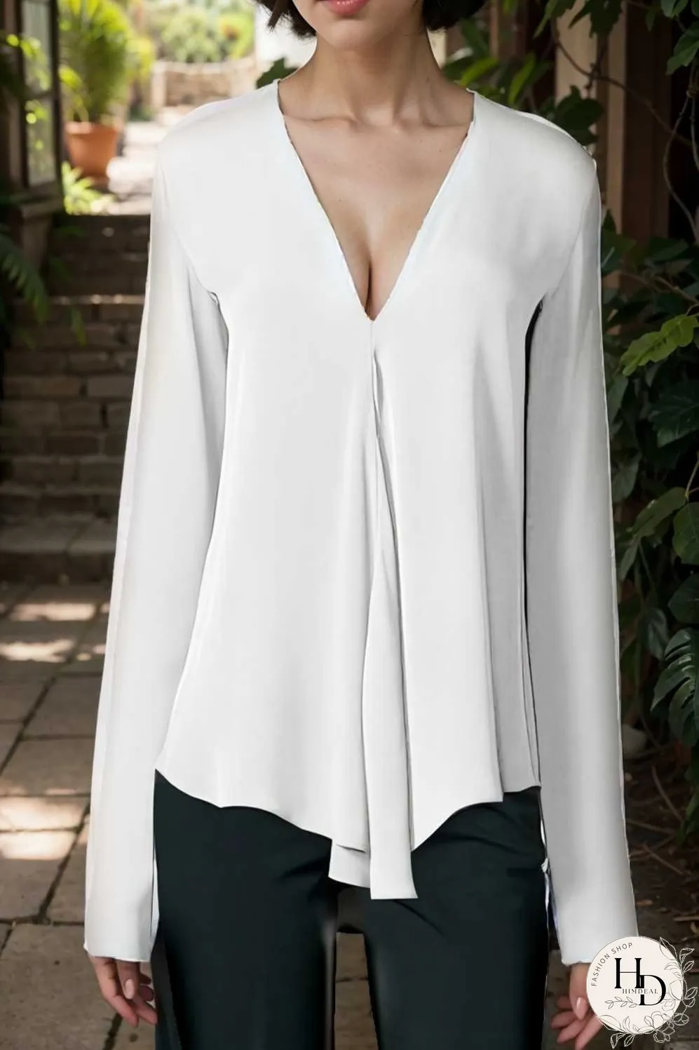 v neck long sleeved chiffon solid blouse drop shoulder closed shirt