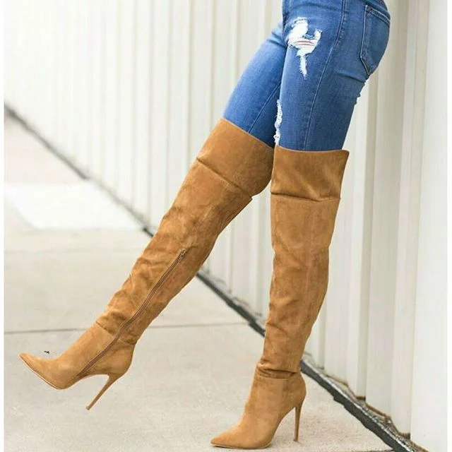 Tan Thigh High Heel Boots Pointy Toe Suede Stiletto Heel Long Boots |FSJ Shoes