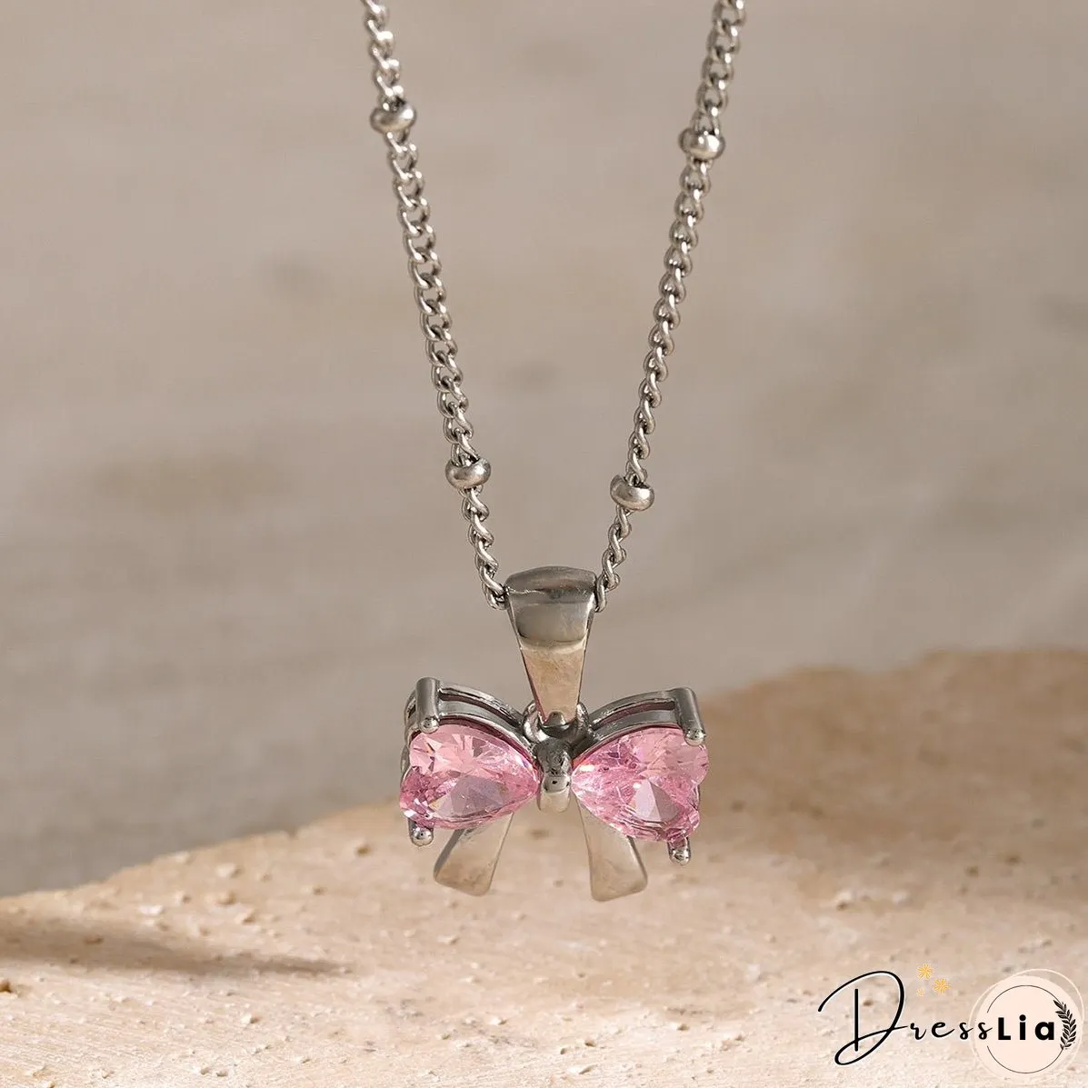 Stainless Steel Inlaid Zircon Bow Necklace
