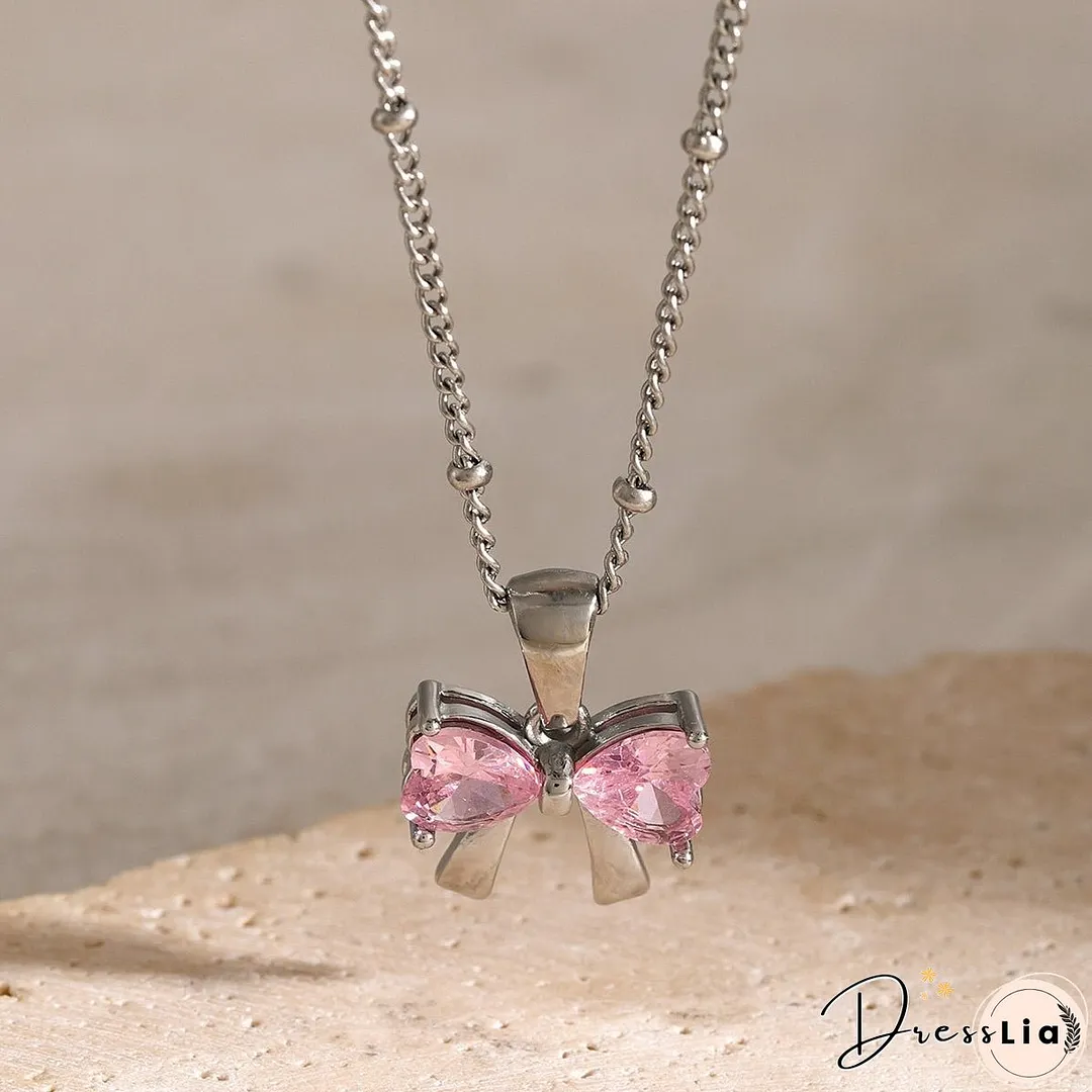 Stainless Steel Inlaid Zircon Bow Necklace