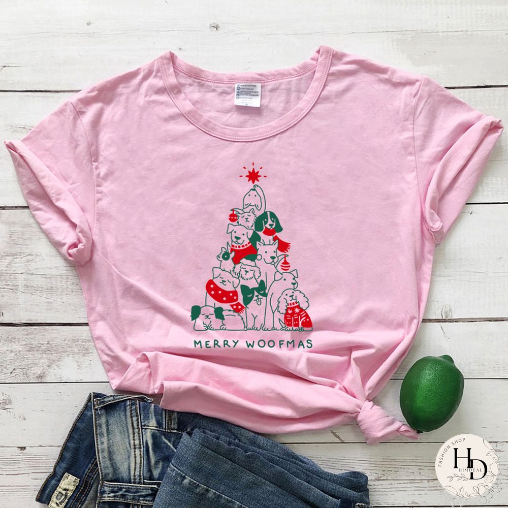 Merry Woofmas Colored Print T-shirt Kawaii Dog Lover Christmas Holiday Gift Tshirt Funny Women Graphic Tees Tops Drop Shipping