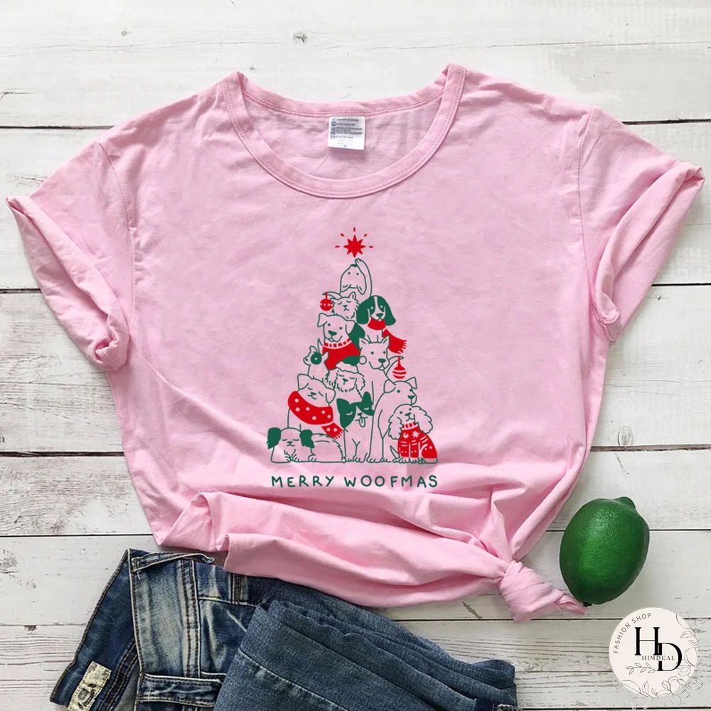 Merry Woofmas Colored Print T-shirt Kawaii Dog Lover Christmas Holiday Gift Tshirt Funny Women Graphic Tees Tops Drop Shipping
