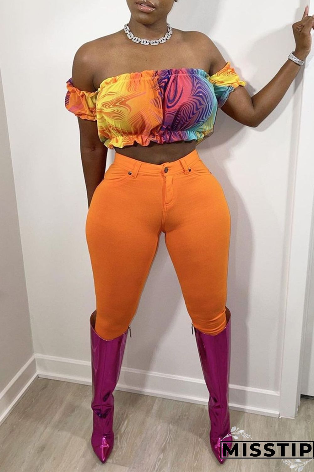 Colour Sexy Casual Print Tie Dye Backless Off the Shoulder Tops