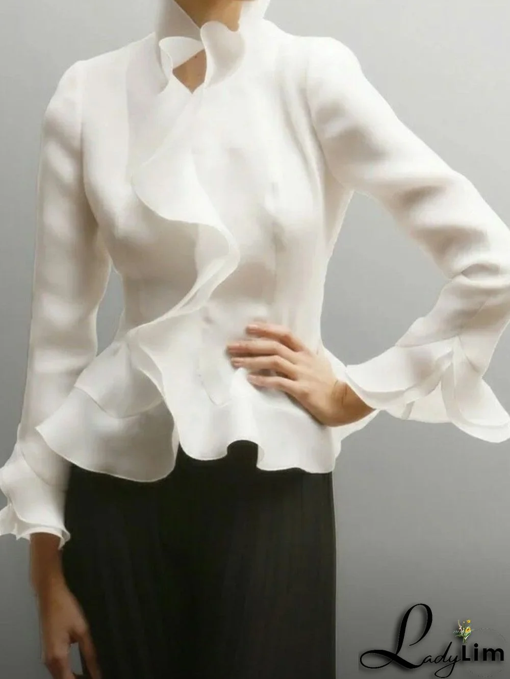 Elegant Plain Mock Neck Long Sleeve Peplum Blouse