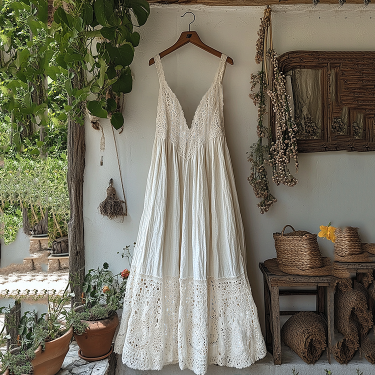 Utbros Vintage Lace Art Linen Maxi Suspender Dress