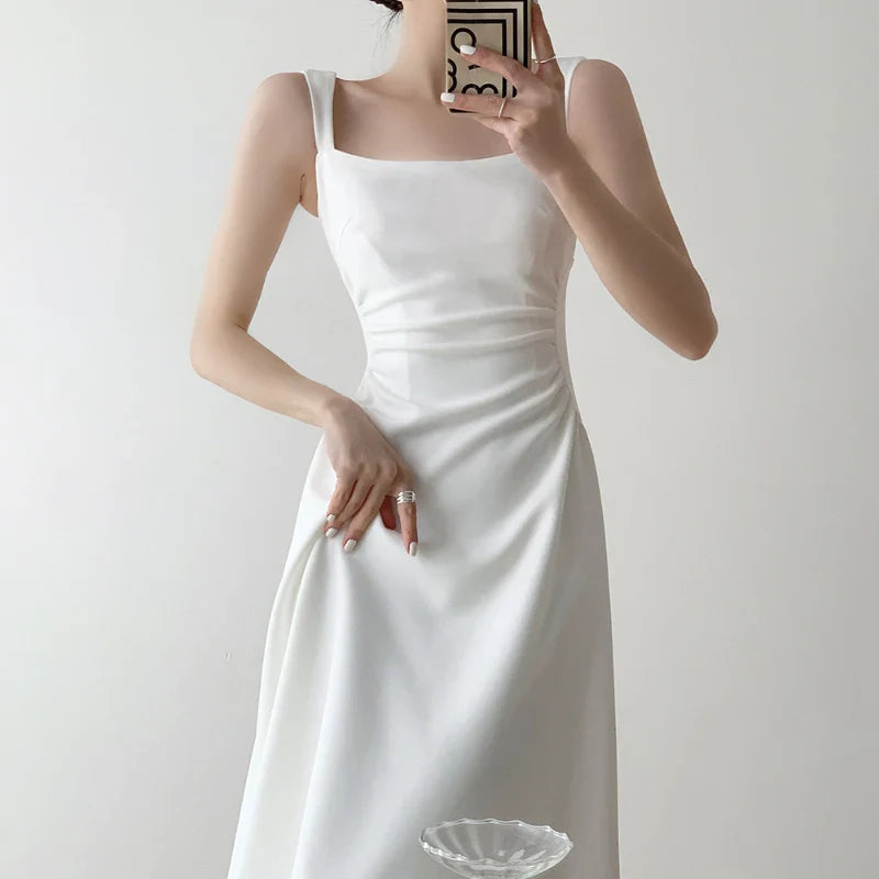 Aiertu DRESS TO IMPRESS Summer Evening Party White Long Dress Office Lady Slim Sexy Sleeveless Strap Dress Beach Style Women One Piece Dress Korean Aiertu