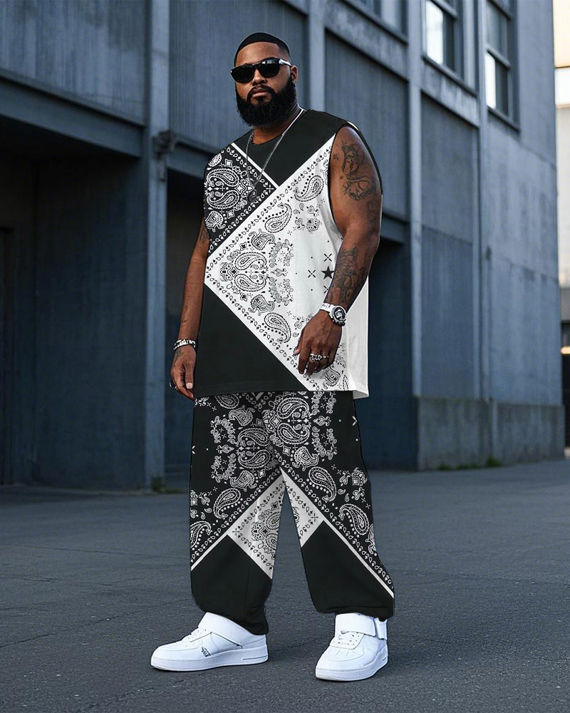 Men's Plus Size Black And White Colorblock Paisley Print Tank Trousers Suit
