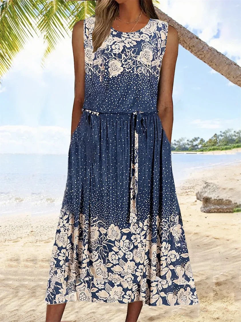 Women's Summer Sleeveless Scoop Neck Floral Print Casual Loose Pocket Dress