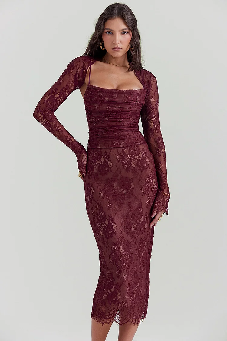 Floral Lace Shrug Ruched Slip Midi Dresses Matching Set-Burgundy [Pre Order]