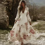 Vintage Cottagecore Roses Print V Neck Flowy Maxi Dress - Image 2
