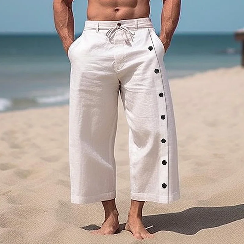 Men'S Casual Solid Color Cotton Linen Multi-Button Cropped Pants