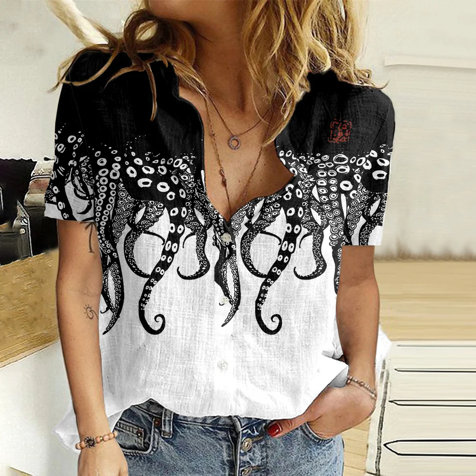 Japanese Sea Life Octopus Legs Lino Art Linen Blend Blouse