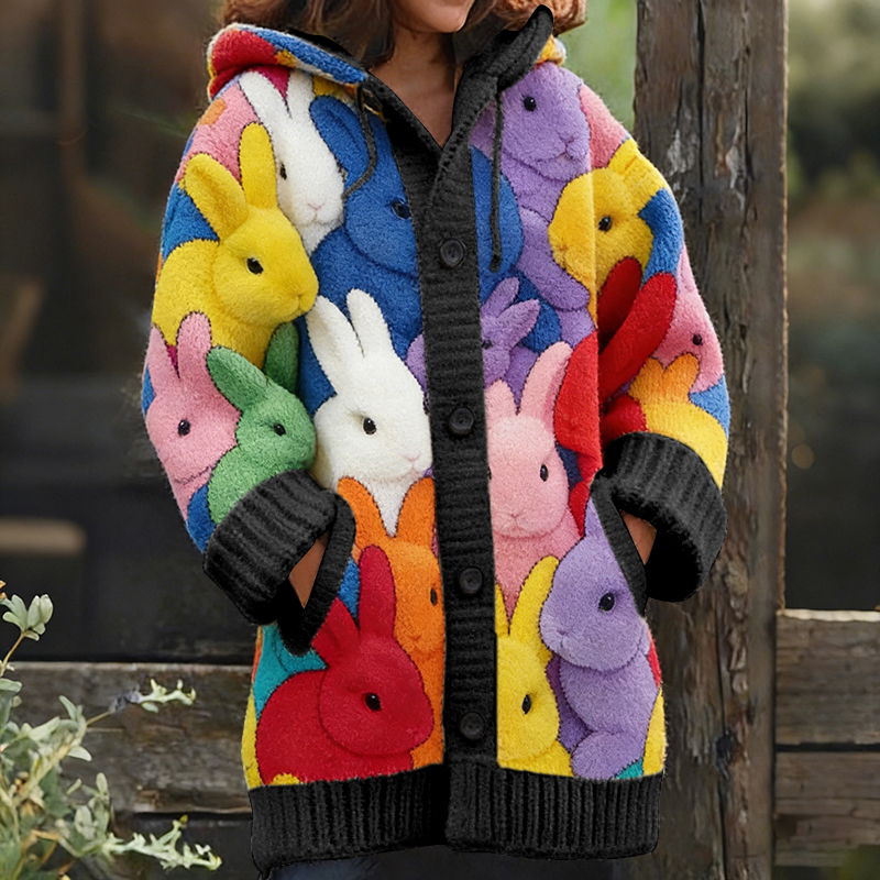 Women's Cute Animal Rabbit Pattern Hooded Comfort Cardigan wearshes