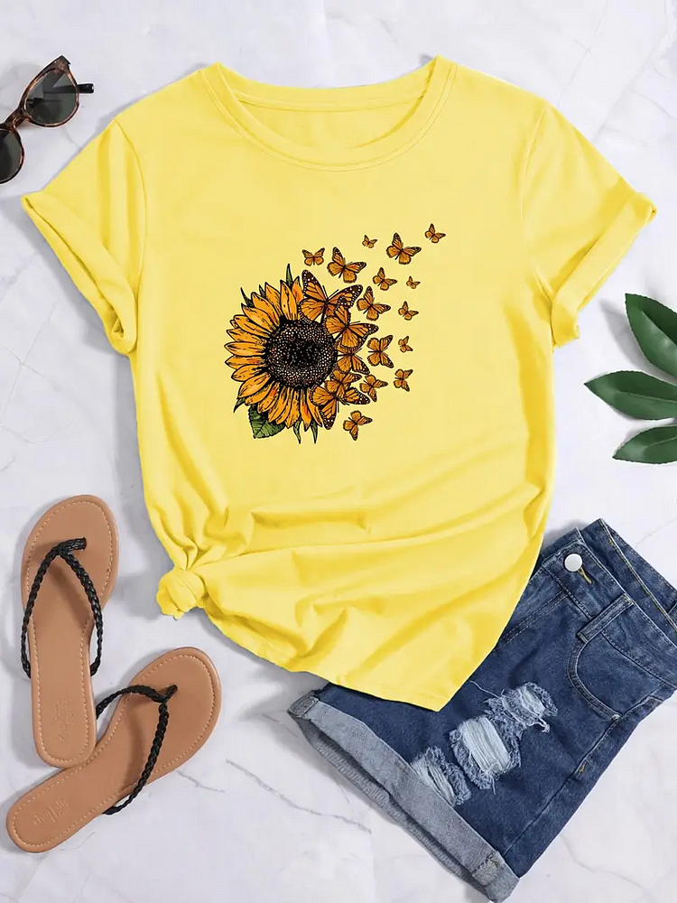 AL™ Sunflower Print T-Shirt,Spring & Summer For Nature Lover Casual Crew Neck Short Sleeve T-Shirt Tee -xn-0614-1-Annaletters