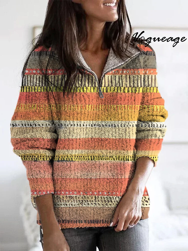 Bright Color Stripes Ribbon Lines Zippered Long-Sleeved Sweater
