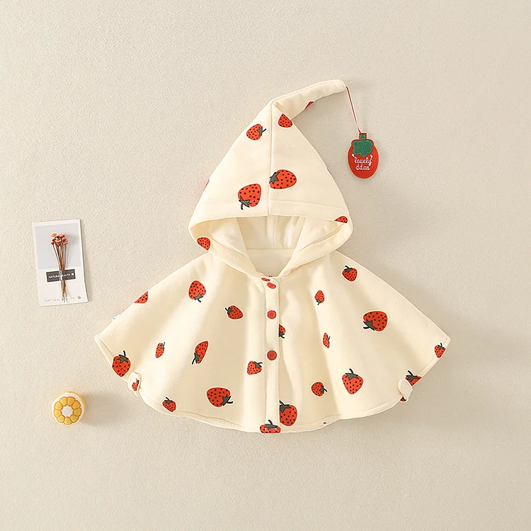 Baby Girl Allover Strawberry Print Hooded Cloak