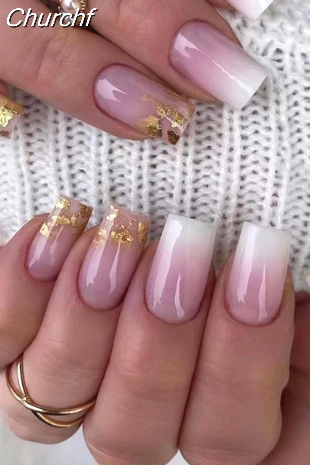 Churchf Drill False Nails Set Simple French Short Square Head Nails Manicure Fashion Full Cover Fake Nail Tips Press on Nails-Nail Inspo