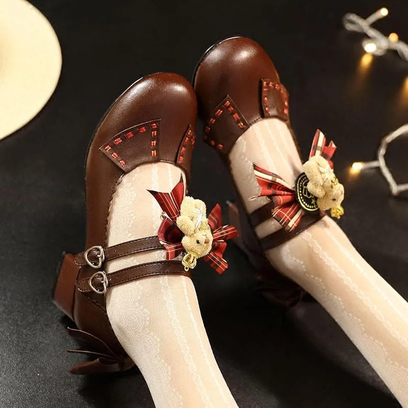 Black/White/Brown Kawaii Bear Ribbon Lolita Shoes SP1710607